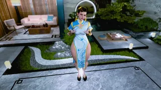 Thick enticing Chun Li poses solo in a revealing dress without panties