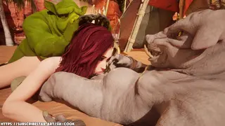 Two Pig Monsters Roughly Use Beauty for Oral Sex