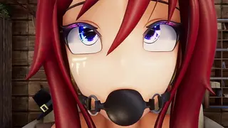 هنتاي فيتوبر Elfie Love تقذف باستخدام قضيب اصطناعي وهي ترتدي بدلة لاتكس سوداء وكمامة كروية (3D / VRCHAT / MMD)