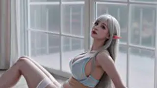 Seksi iç çamaşırlarıyla beyaz saçlı elf WIGGLE dansı yapıyor