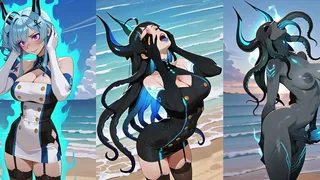 A 3d anime style video of an eyeless woman undergoing a transformation. She is