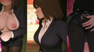 Gadis anime dengan kepala di luar bingkai dan payudara serta puting terbuka. Anime