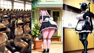 Anime 2D, androide femminile con codini che porta un annaffiatoio mentre la telecamera