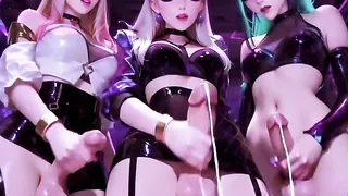 "SmoothMixAnime. PENISLORA. Drei Futanari-Frauen stehen mit ihren freiliegenden Penissen da