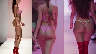Auf einem Laufsteg, ein weibliches Topmodel mit schönem, riesigem, wackelndem Po, bekleidet mit einem sexy