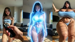 4K, video realistico di una ragazza asiatica in abiti azzurri, in piedi con un sorriso compiaciuto