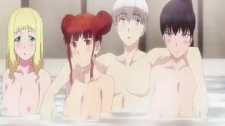 World's Ends Harem 9 - ecchi anime - Three anime girls use their boobs to shower guy