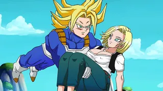 Trunks Rescues Big-Busted Android 18 for Panty Shoot & Creampie Finish