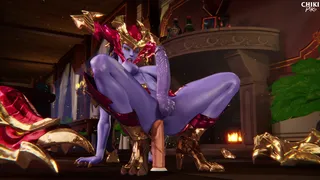 Futa Shyvana cavalca un dildo